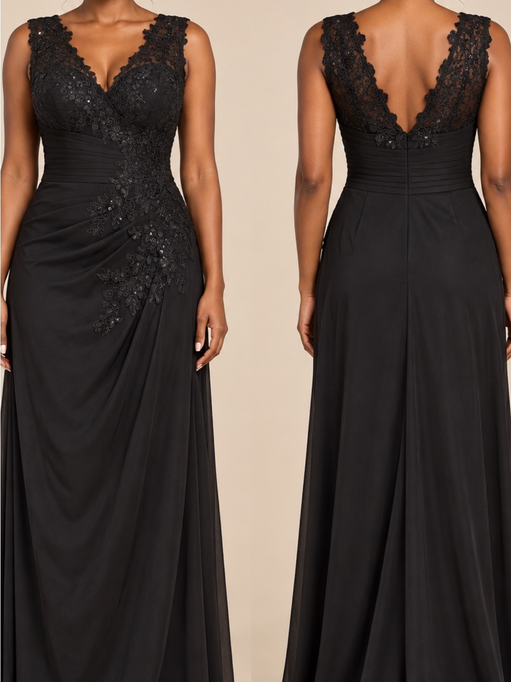 Elegant Black Lace V-Neck Maxi Dress with Appliqué